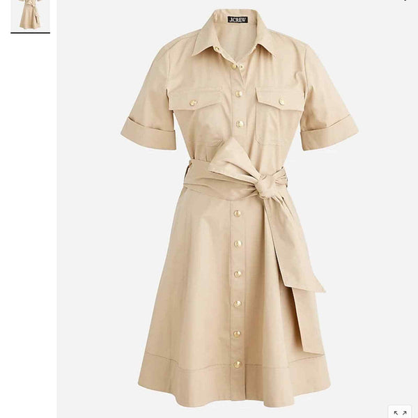 New J Crew Tie-waist shirtdress in lightweight chino 6 safari gold buttons