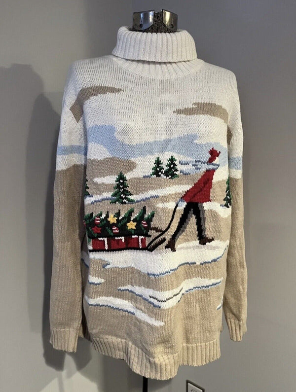 Vtg Winter Christmas HOLIDAY SWEATER Long Sleeve Snow Ski Sledding LP