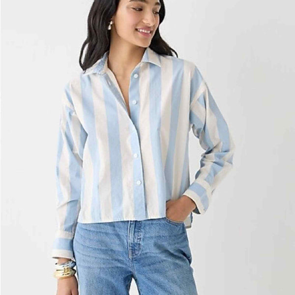 J.Crew Women's Relaxed-Fit Cropped Shirt in Barlow Stripe - Blue and White Stripe, Size 8