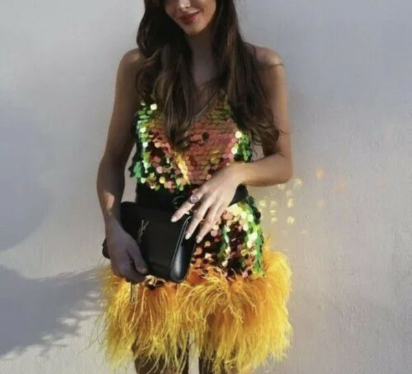 Zara Sequin Dress with Yellow Feather Limited Edition XL Party New Years Eve