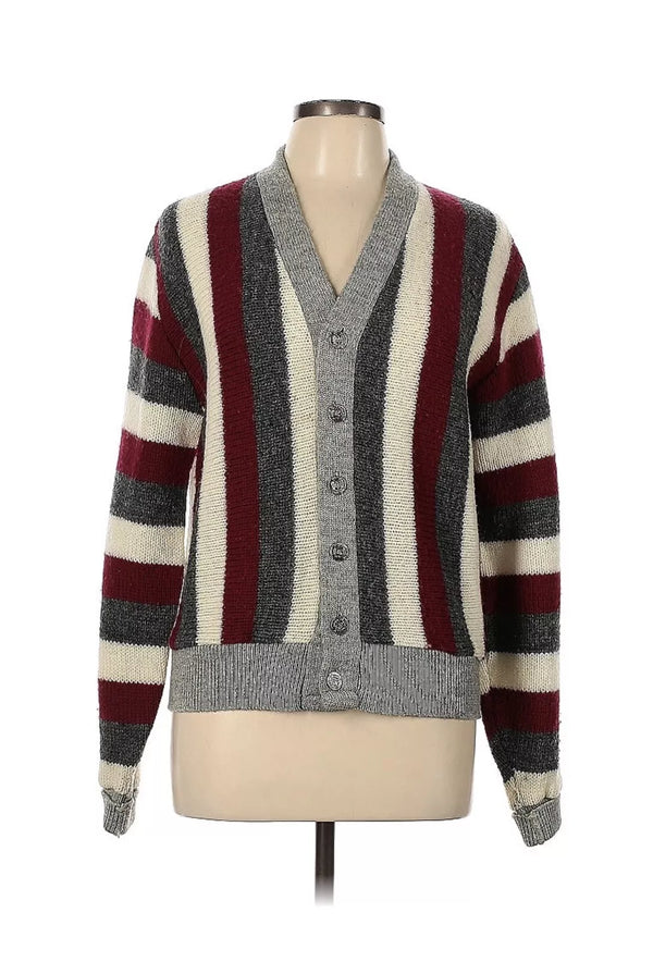 VTG Luxury Line Campus Virgin Wool USA grey Red White Stripe Cardigan Cobain L