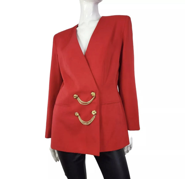 VTG Kasper Red Deep V Blazer Gold Chain Details Buttons 10