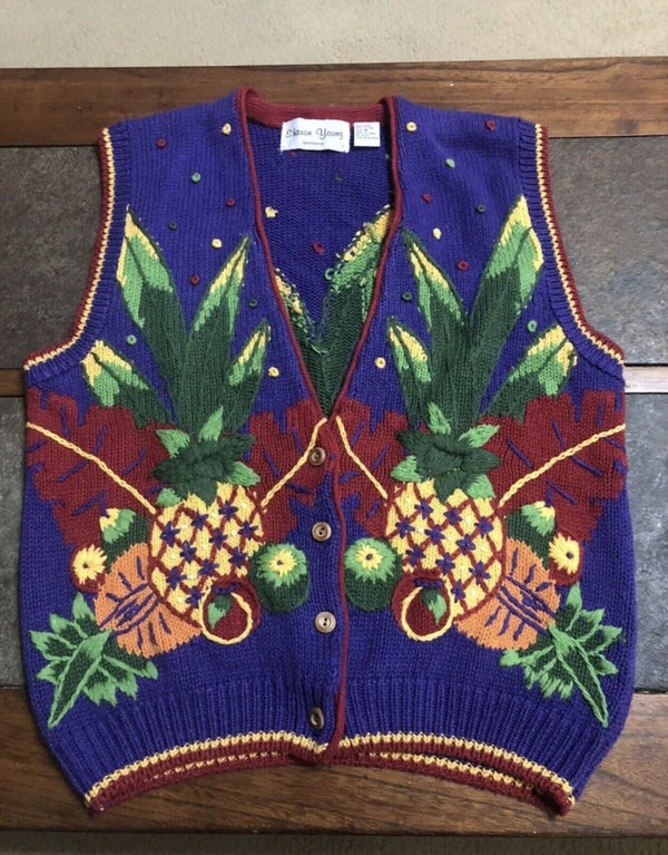 SHARON YOUNG Purple FRUIT Sweater Vest SIZE M Purple Funky Ugly