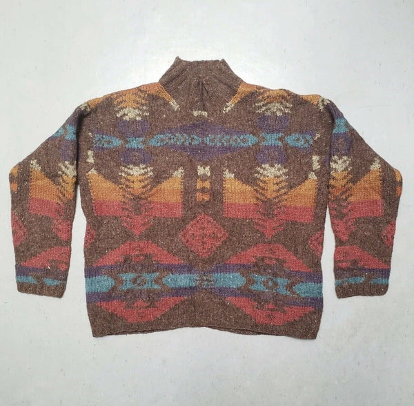 Ralph Lauren hand knit silk wool blend Brown Navajo Aztec Southwestern sweater M