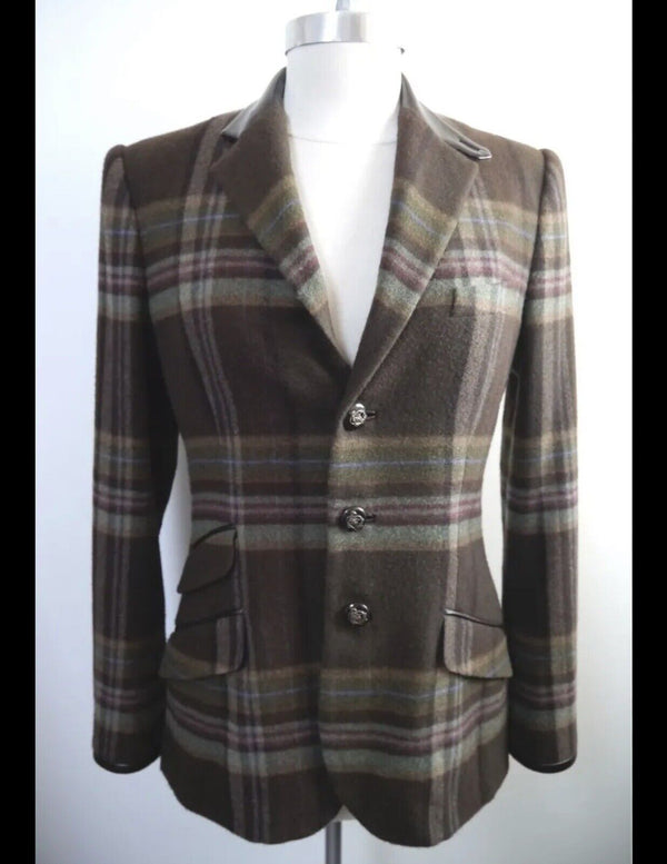 RALPH LAUREN Black Label pure cashmere Silk Leather trim plaid blazer jacket 6