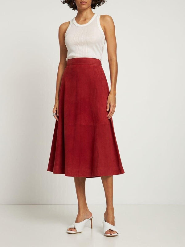 Vintage Red Suede Leather Midi Skirt Gold Buttons Size 6 (26” Waist)