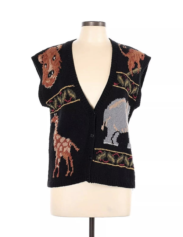 VTG Le Comte Hand Knit Zoo Safari Vet Elephant Lion Giraffe Black Sweater Vest L