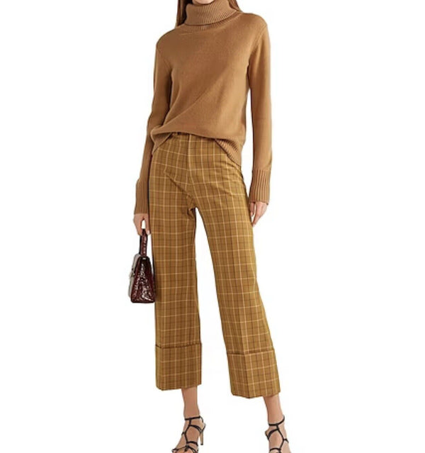 Sea New York Women's Wide Leg Deep Cuff Pants Tan Beige Plaid Check - Brown, Size 8