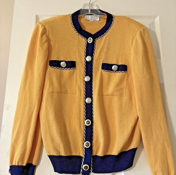 vtg St. John Collection Yellow Blue Classic Knit Cardigan Jacket buttons M