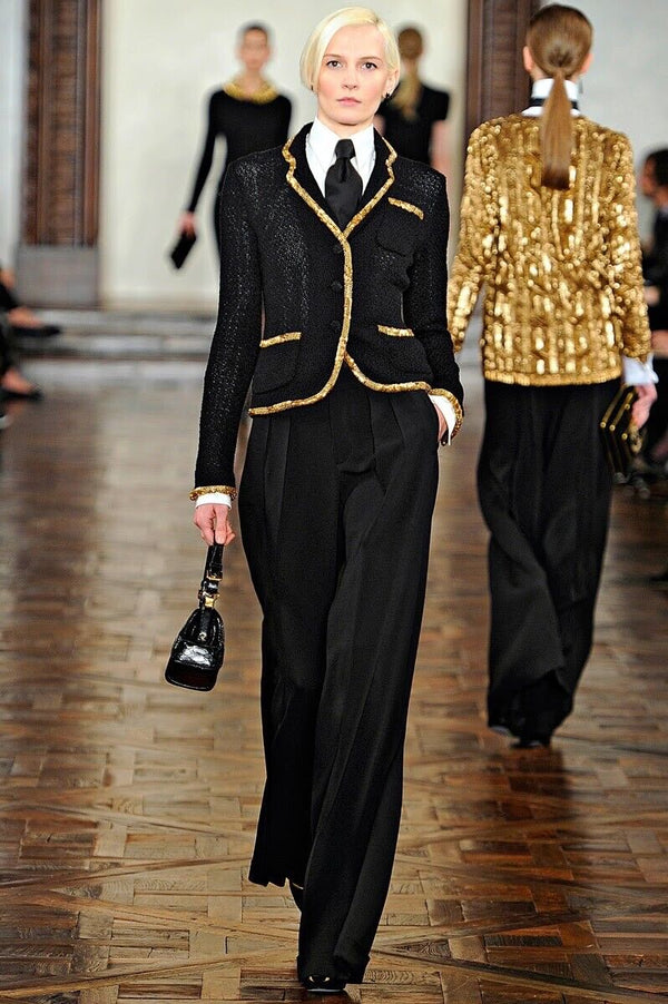 RALPH LAUREN Collection Runway 2012 Black Gold Beads Knit Silk JACKET Blazer M