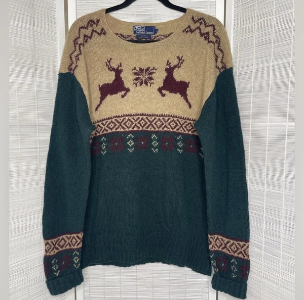 Polo Ralph Lauren Men's Sweater hand knit Large ReinDeer Buck Fair Isle Wool Holiday