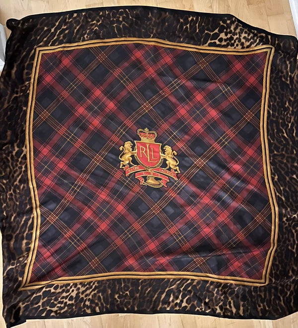 Ralph Lauren Tartan Plaid Crest Leopard Equestrian Western Silk Scarf Shawl 42”