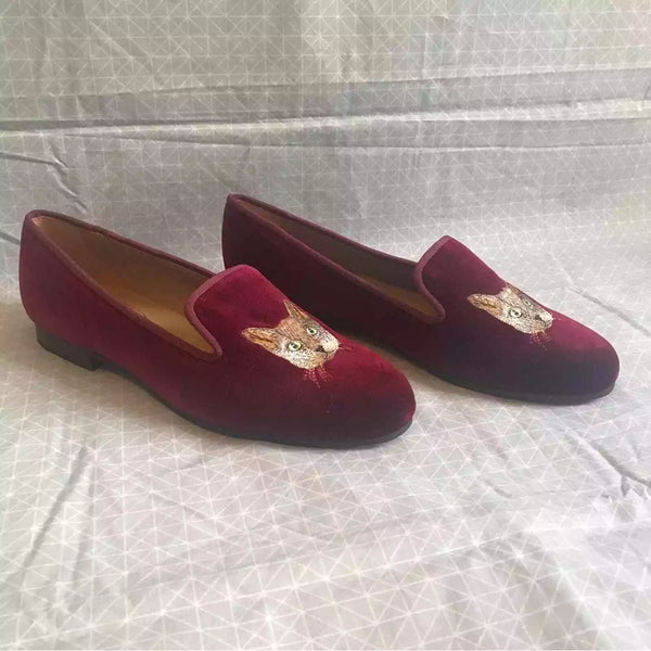 NEW Journey West Cat Embroidered Red Velvet Loafers 10