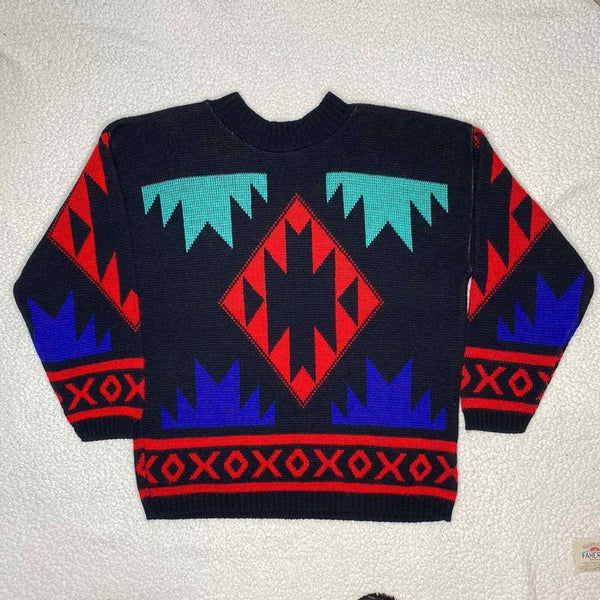 Vintage Spring Season Colorful Geometric Sweater red black Aztec M Apres ski