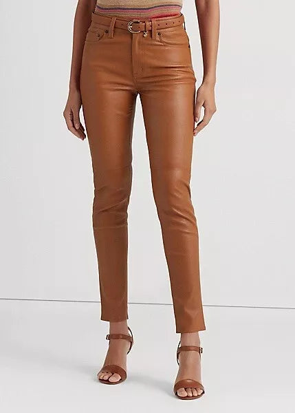 Lauren Ralph Lauren Women's Skinny Ankle Genuine Leather Pants High Waist, Western Style - Tan Cognac, Size 4