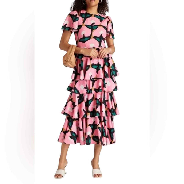 RHODE Serena dress pink rose bloom maxi dress tiered 4 ruffled floral maxi NWT