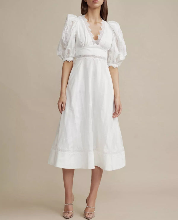 Acler Grampian Lace Trimmed Midi Dress White Puff Sleeve US 8