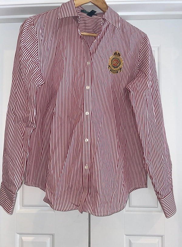 Ralph Lauren Women's Striped Crown Crested Button-Up Long Sleeve Shirt - Red & White, Size Medium