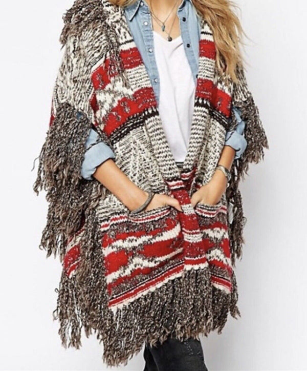 Denim & Supply Ralph Lauren Red Aztec Fringe Western Wool Sweater Poncho Cape M