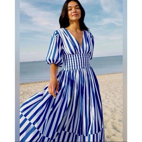 AYR The Extra Extra Puff Sleeve Midi Dress in Blue Stripe V Neck Cotton Blend