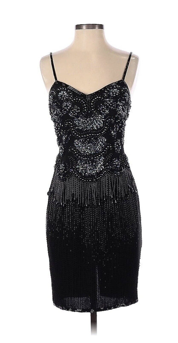 A.J Bari Flapper Sequin Beaded Black Iridescent Fringe cocktail dress Silk 4