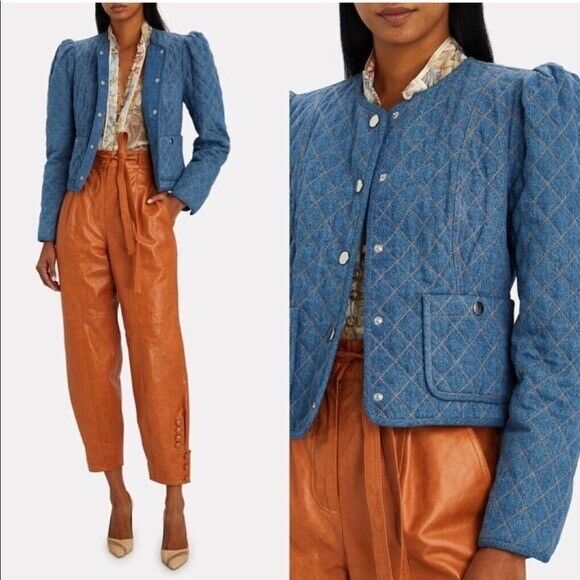 Veronica Beard Camilla Quilted Puff Sleeves Cropped Denim Jacket Cali Cool M