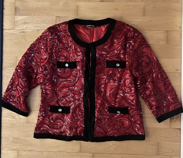 Michael Simon Black Red Sequin Jacket Rhinestone Buttons Cardigan Large