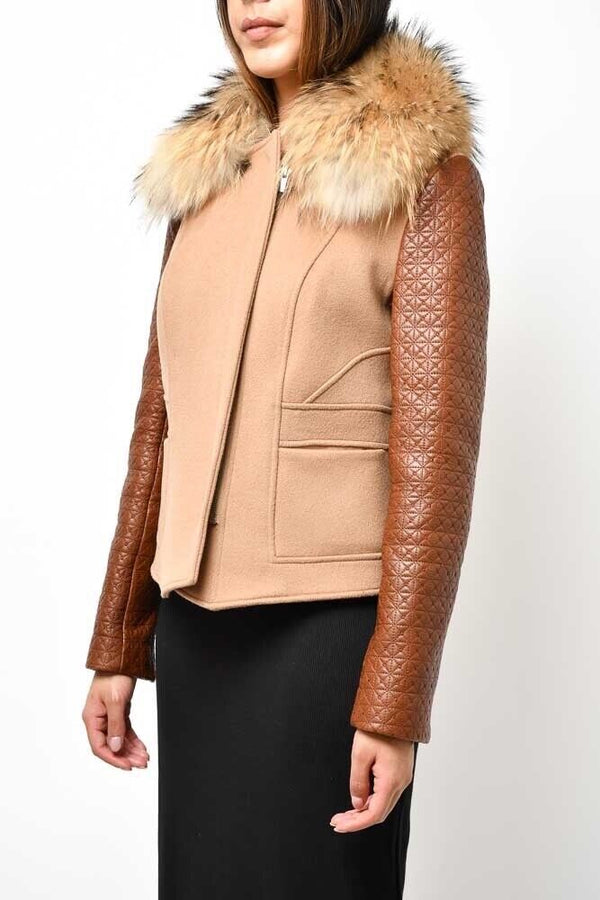 DIANE VON FURSTENBERG DVF Paddy Lou LEATHER Wool Fur Collar tan Brown Coat 12