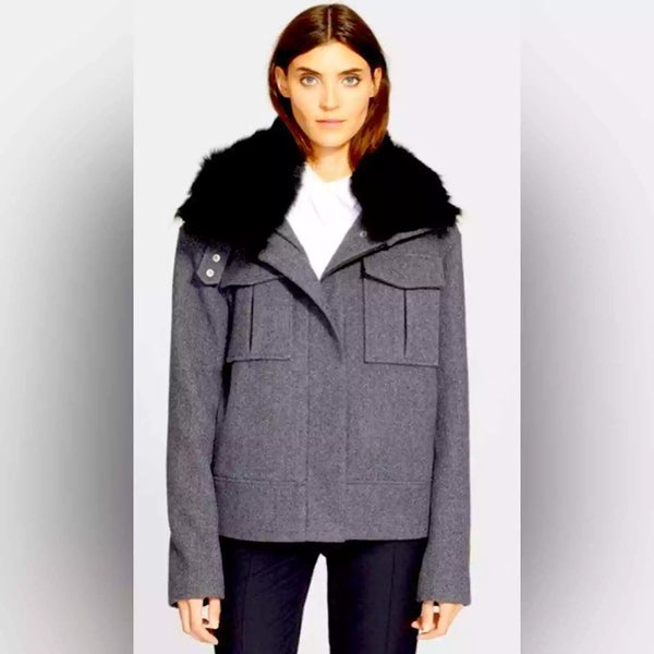 Theory Glormarie grey black Wool Jacket with detachable faux fur collar, Sz M