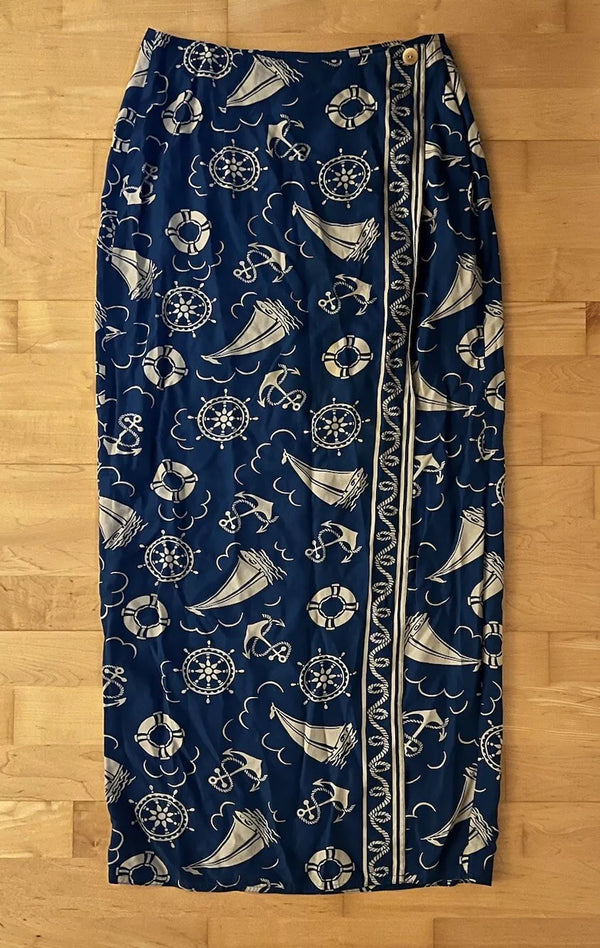 VTG Ralph Lauren Country Western Nautical Wrap Skirt Blue White Sailboats M