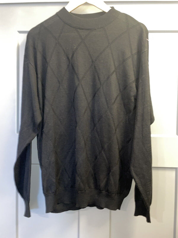 Genelli Men's L Silk Blend Gray Argyle Diamond Black Long Sleeve Sweater