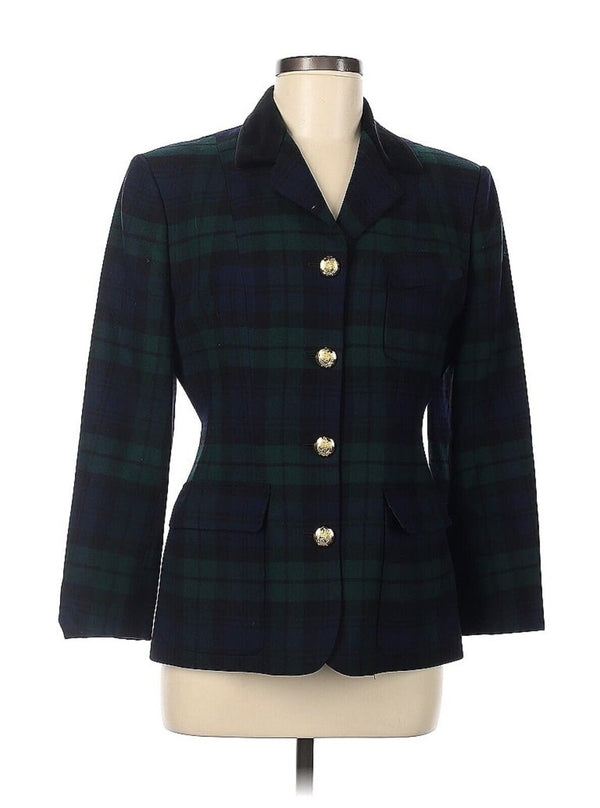 Ralph Lauren Green Blue Tartan Plaid Wool Blazer Gold crest Buttons Sz 8