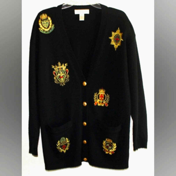 JONES NEW YORK Women's Cardigan with Embroidered Coat of Arms Petite - Black, Size M