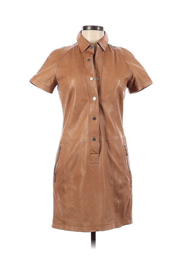 Massimo Dutti Tan Brown Camel Dress 100% Leather Mini Pockets M