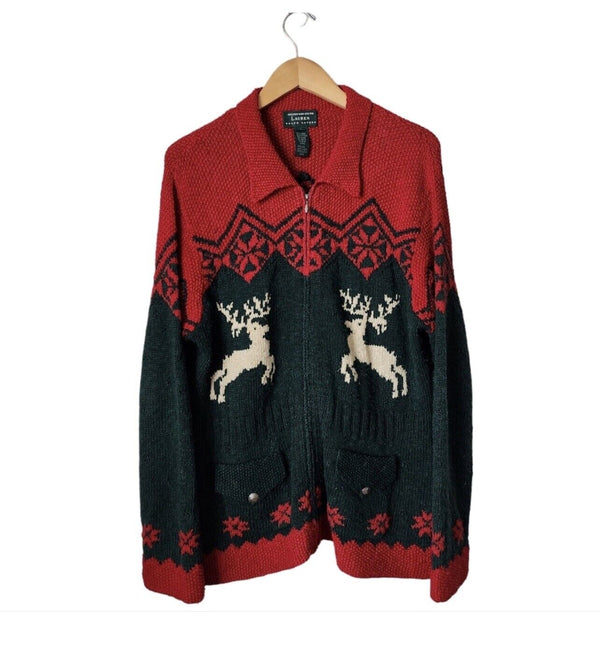 VTG Ralph Lauren Hand Knit Sweater Reindeer Silver Buttons M Linen Red Green