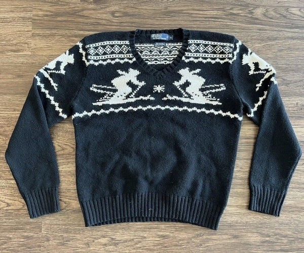 Polo Ralph Lauren Men's Black White Apres Ski Cotton Cashmere-Angora Knit Sweater XL