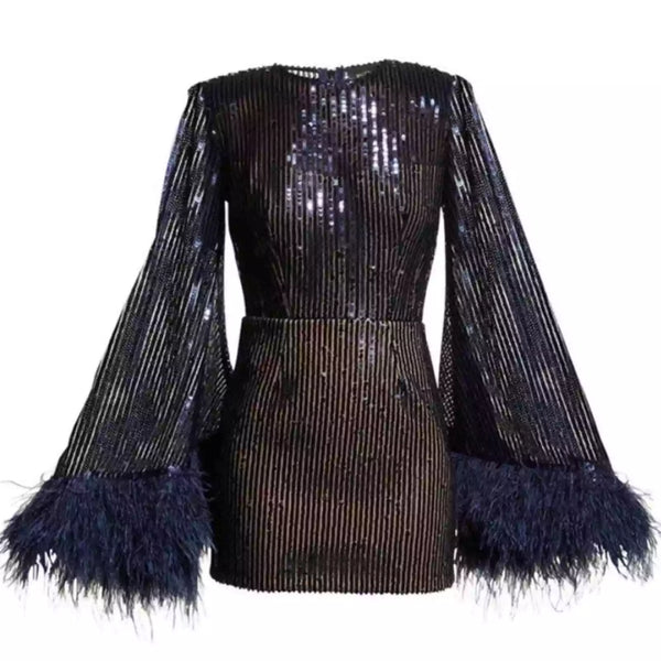 Bronx and Banco Joker cape Feather Cuff Sequin Mini Dress indigo blue XL