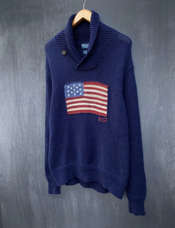 VTG Polo Ralph Lauren Navy Flag Linen Silk Cotton knitted sweater Western XL