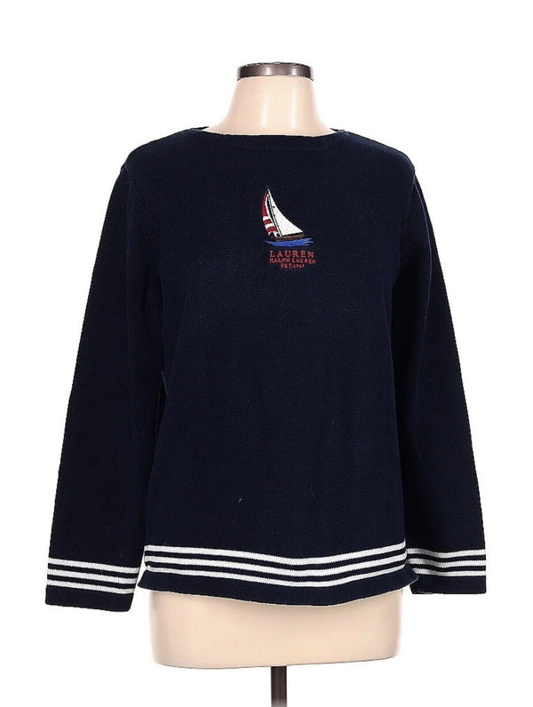 VTG Lauren Ralph Lauren Navy Blue Cotton Nautical Sweater Sailboat Sailing Large