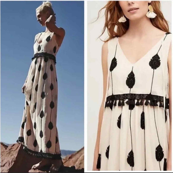 Anthropologie Moulinette soeurs dress white black cream embroidered maxi tassels