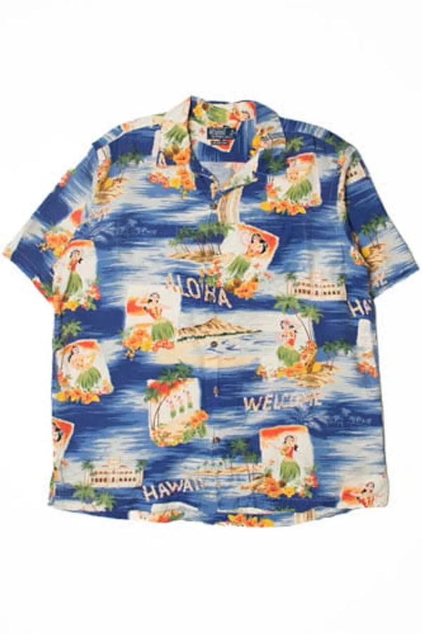 Polo Ralph Lauren Hawaiian Shirt Men's L Blue Aloha Girl Beach Vintage Camp