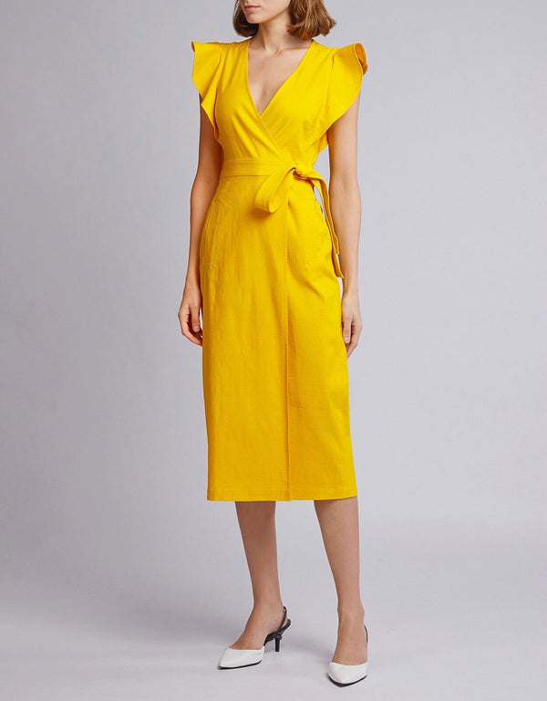 ALC Womens Cap Sleeve V Neck Linen Midi Wrap Dress Yellow Size 2