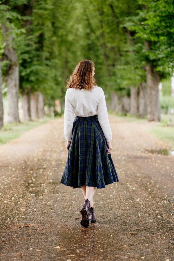 Steinbock Wool Skirt Tartan Plaid M Green Button A-Line Country Pockets Lined