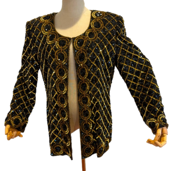 VTG niteline silk SEQUIN beaded jacket gold black sparkle kazar large