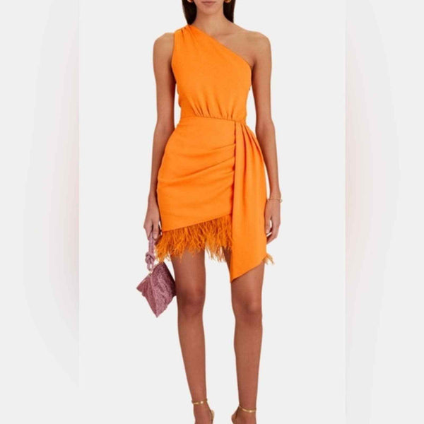 Saylor Audrie One-Shoulder Feather trimmed Mini Dress NWT $320 orange small