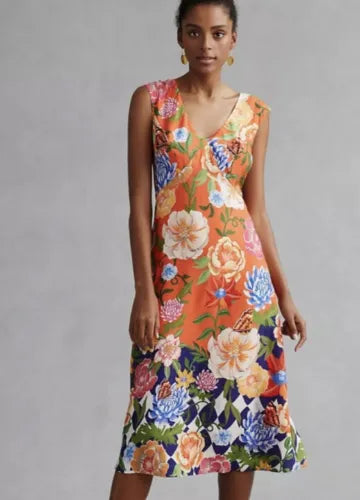 BY ANTHROPOLOGIE OPEN-BACK PRINTED MIDI DRESS orange floral 6