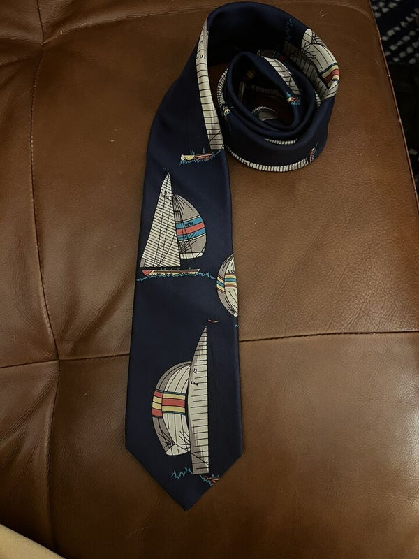 Rooster West End Collection Nautical Tie Sailboats Blue Navy Silk Made in USA