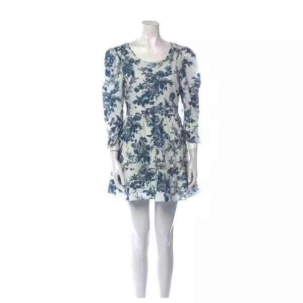 LoveShackFancy Women's Lienzo Mini Dress – Blue & White China Floral Toile Print – Size 4