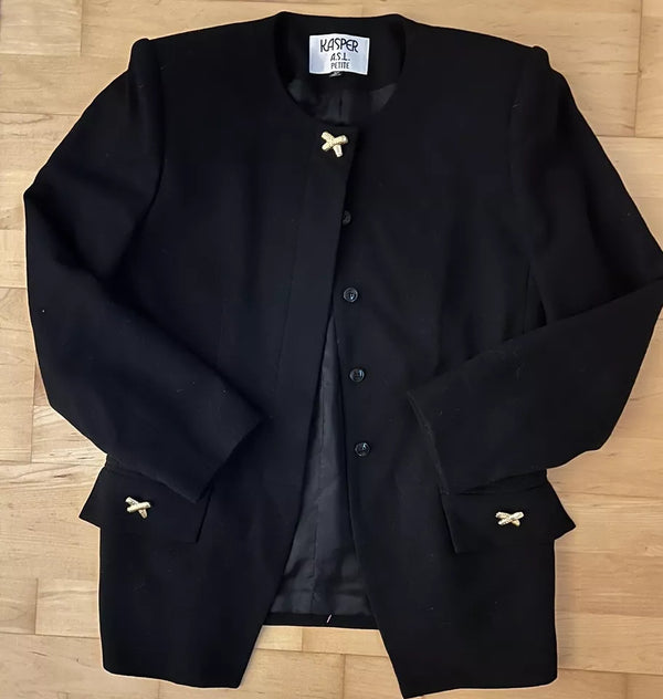 VTG Kasper Collarless Blazer Black Gold X Cross Chic Buttons Modern Sleek 8P