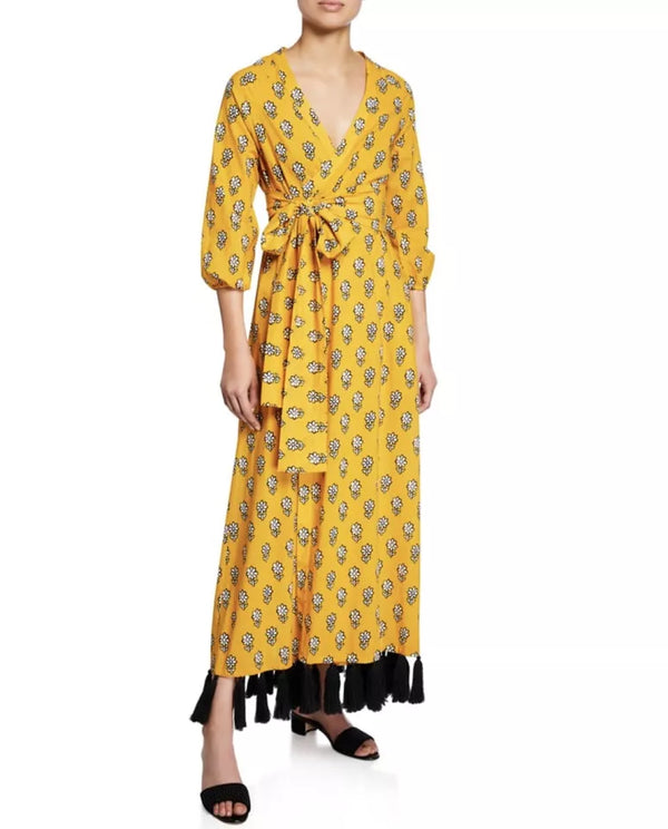 Rhode Lena Tassel Hem Wrap Dress Block Print Midi Yellow Black S